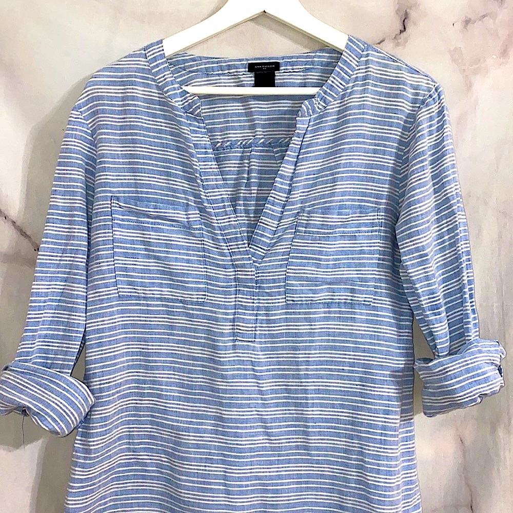 Ann Taylor Linen Cotton Blend Striped Summer Blue White Tunic Top Cover Up